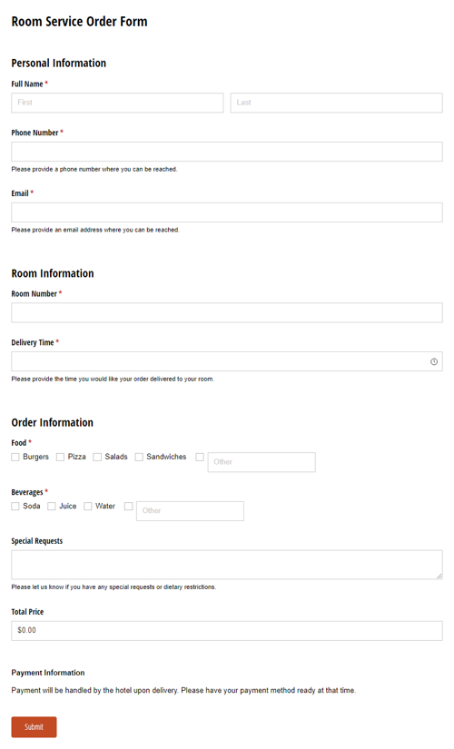 Go to Room Service Order Form template