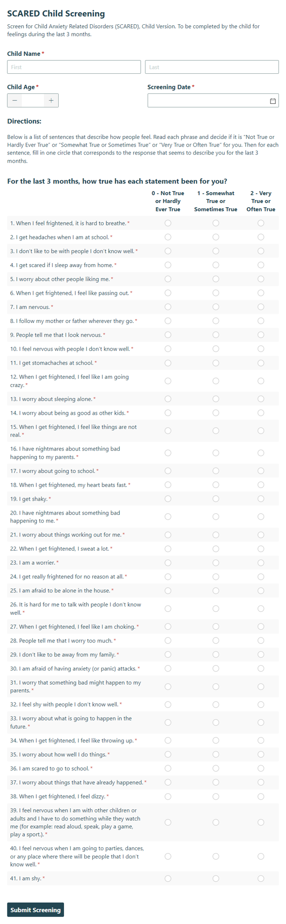 Go to SCARED Anxiety Screening (Child) template