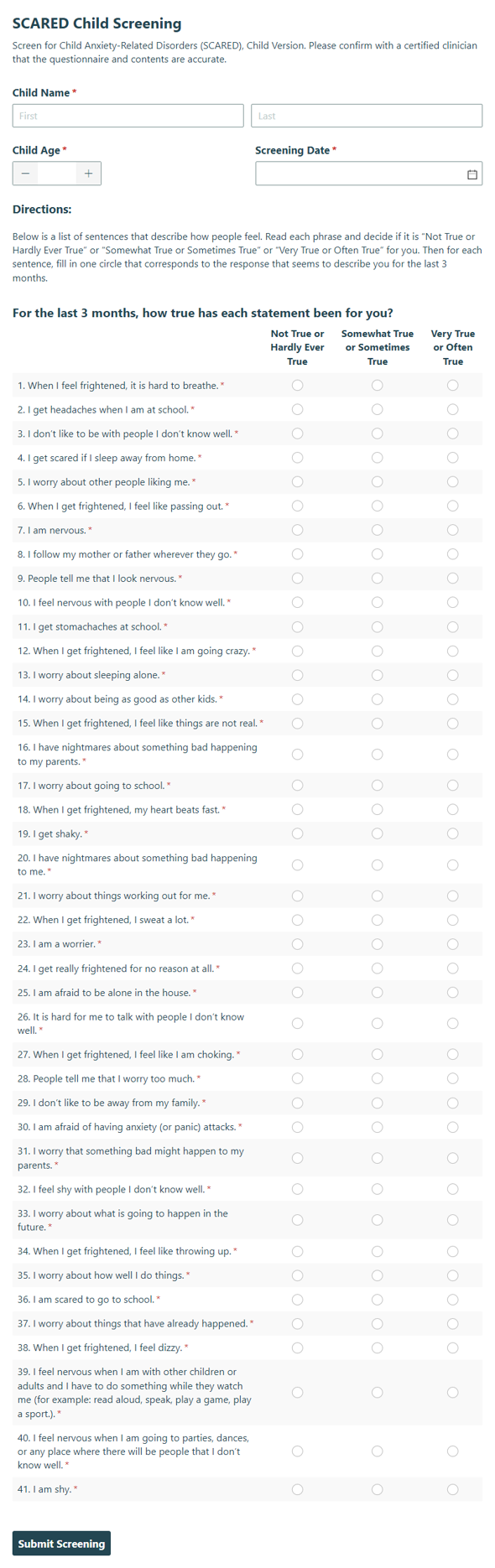 Go to SCARED Anxiety Screening (Child) template