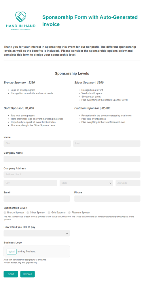 Go to Sponsorship Form Template with Auto-Generated Invoice template