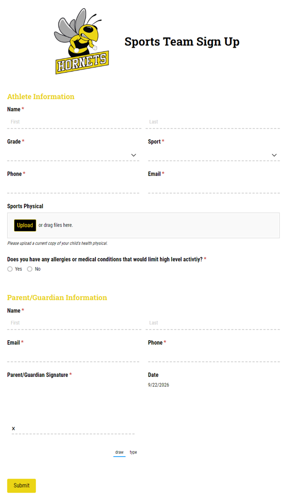 Go to Sports Team Sign Up template