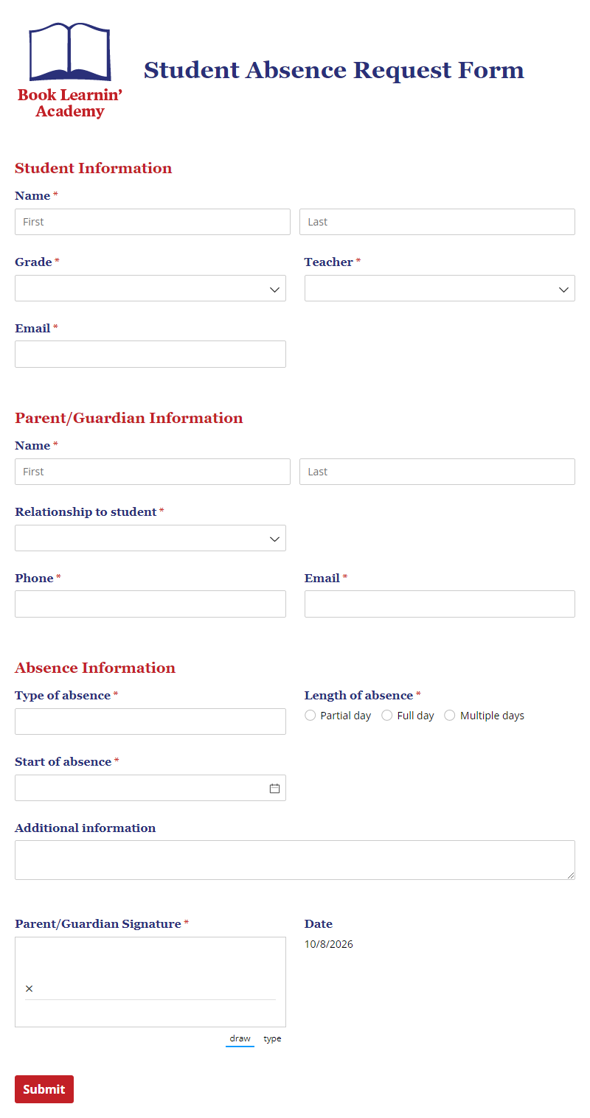 Go to Student Absence Request Form template