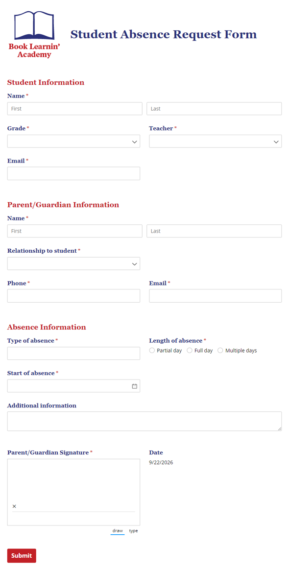 Go to Student Absence Request Form template