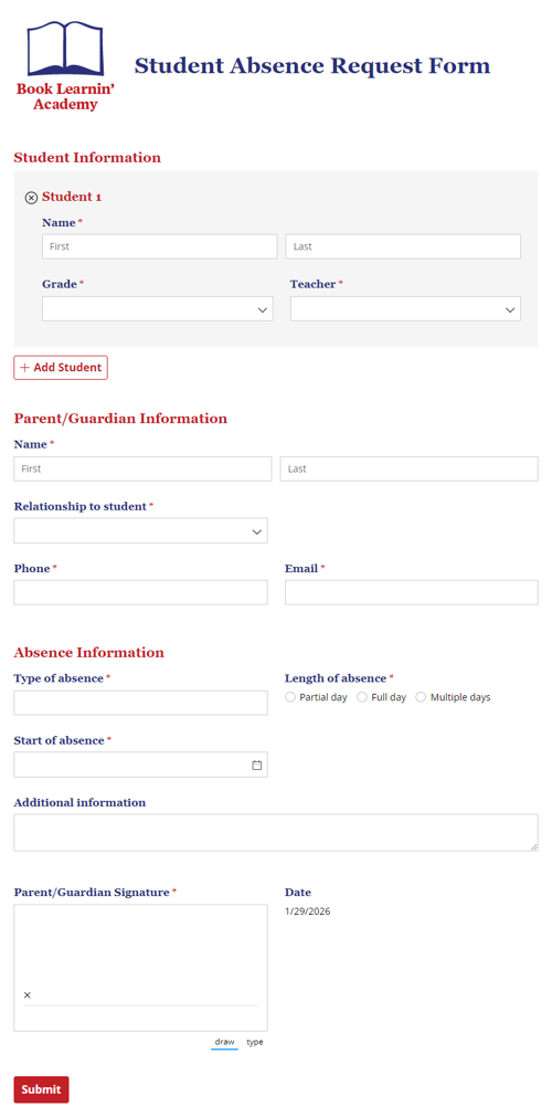 Go to Student Absence Request Form template