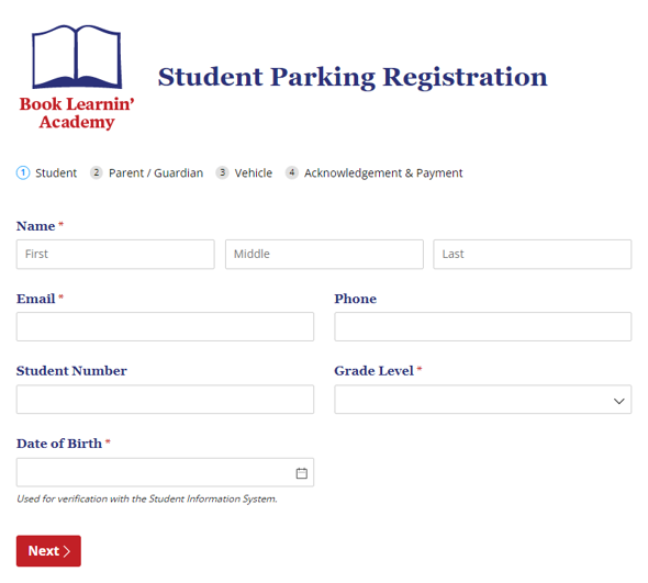 Go to Student Parking Registration template