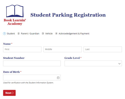 Go to Student Parking Registration template