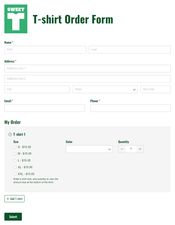 Go to T-shirt Order Form template