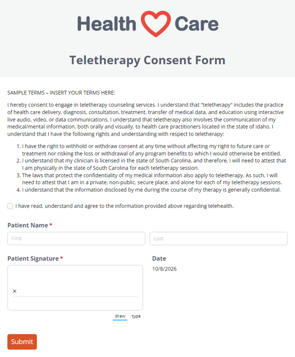 Go to Teletherapy Consent Form template