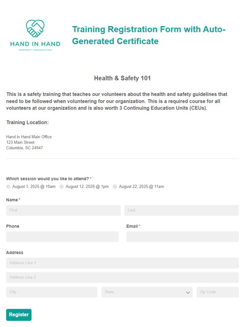 Go to Training Registration Form with Auto-Generated Certificate template