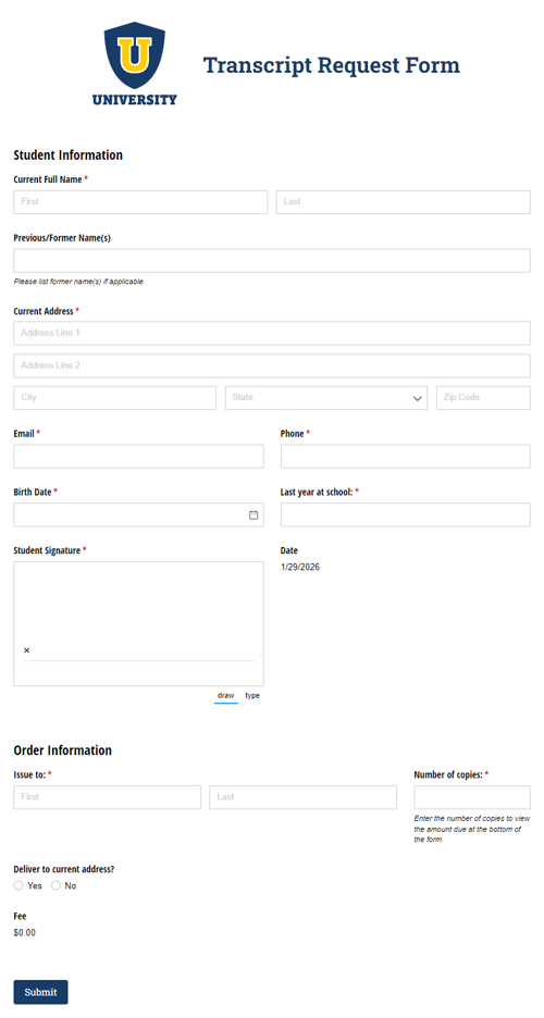 Go to Transcript Request Form template