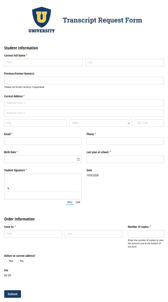 Go to Transcript Request Form template