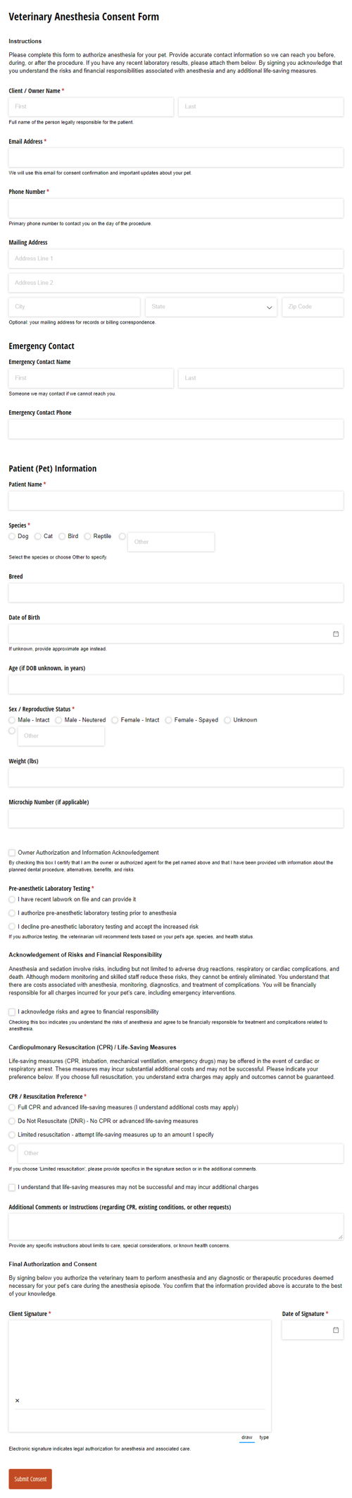 Go to Veterinary Anesthesia Consent Form template
