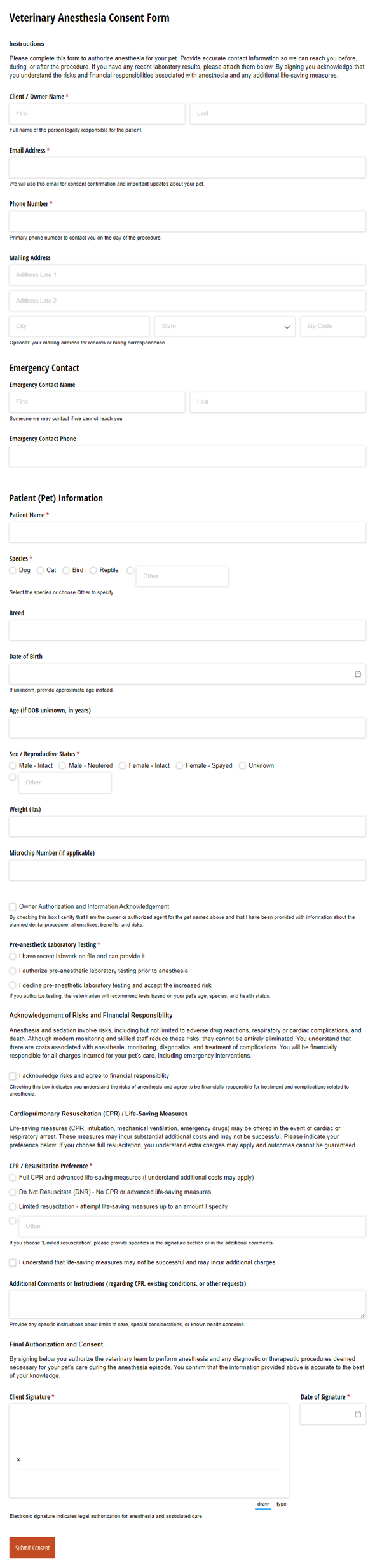 Go to Veterinary Anesthesia Consent Form template