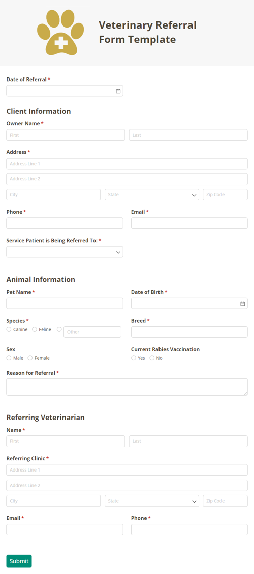 Go to Veterinary Referral Form template