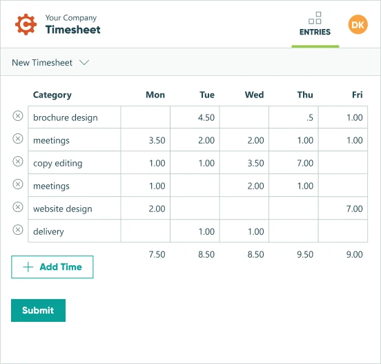 Timesheet online form on the Entries page of Cognito Forms online form builder. The timesheet form shows the account worked on the category of work being done and allows for time addition Monday through Sunday. A repeating section button to Add Time will add an additional data collection line.