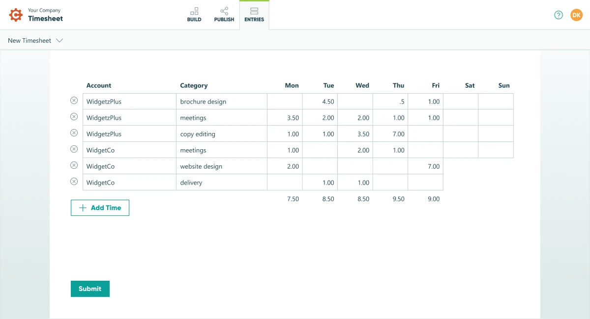 Timesheet online form on the Entries page of Cognito Forms online form builder. The timesheet form shows the account worked on the category of work being done and allows for time addition Monday through Sunday. A repeating section button to Add Time will add an additional data collection line.