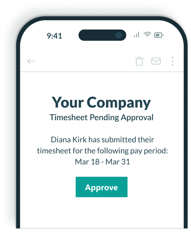 Email message on a mobile phone with a Workflow link button for the manager to approve the timesheet of the employee.