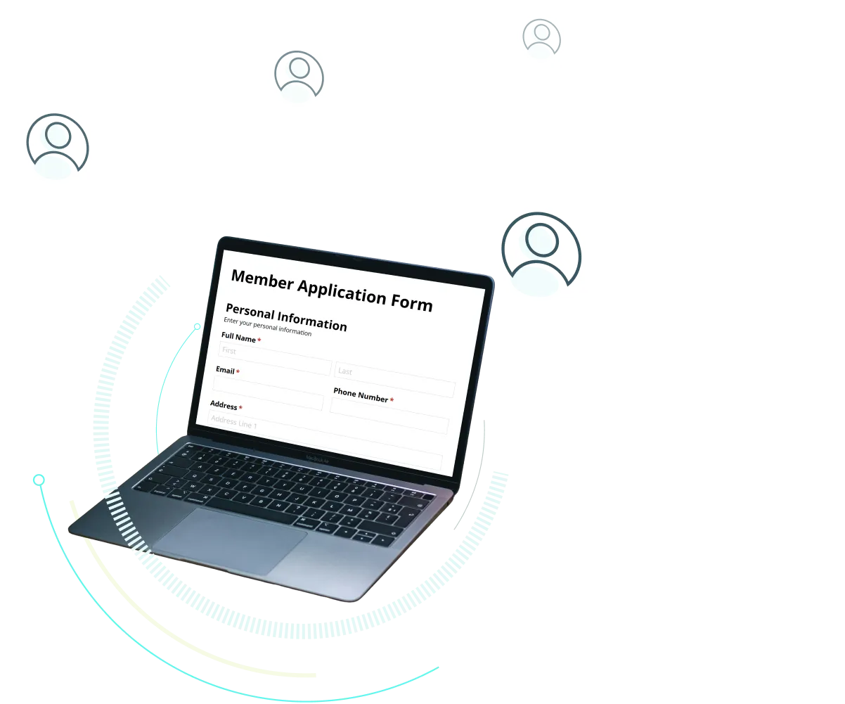 Image of a laptop sitting on a desk with a membership application form showing on the screen.