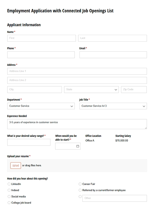 Screenshot of Employment Application with Connected Job Openeings List template.