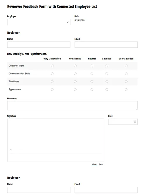 Screenshot of the Reviewer Feedback Form with Connected Employee List template.