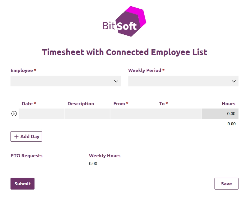 Screenshot of the Timesheet with Connected Employee List template.