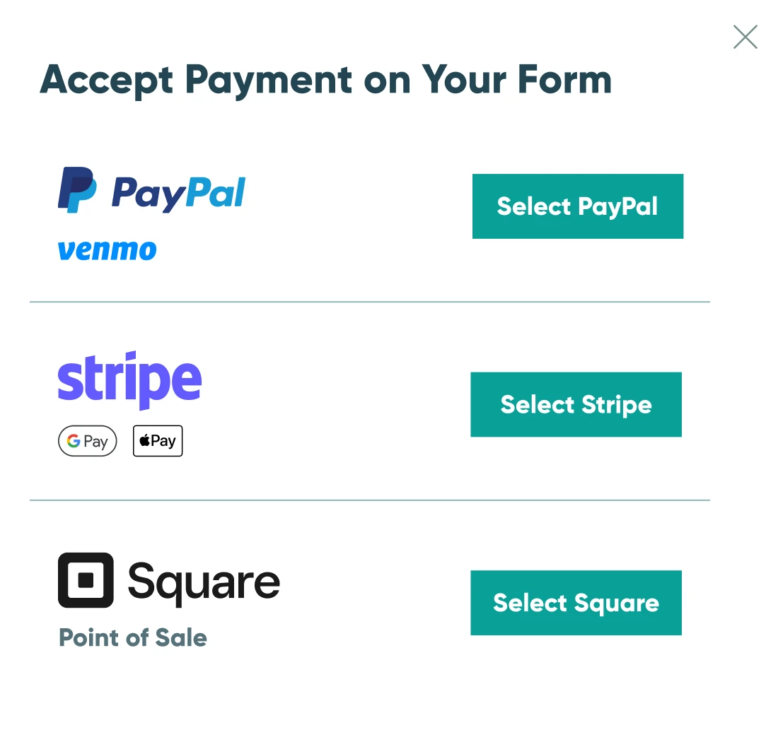 Cognito Forms online form builder with a payment field added to an order form. The option to Always process payment is selected, when, and never are the other options. There is an option to allow customers to keep their cards on file.