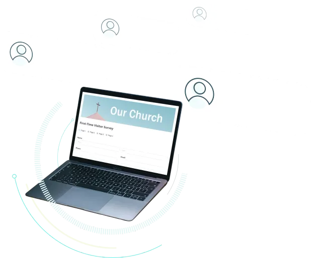 Illustration of a laptop with Our Church and a first-time visitor survey on the screen.