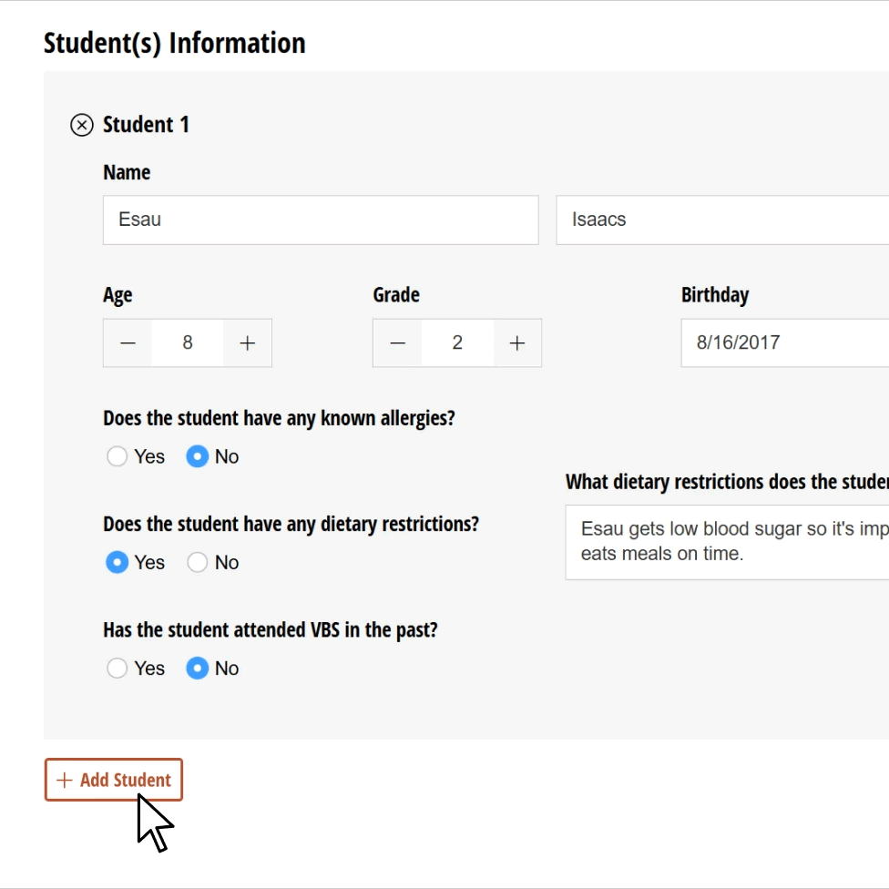 A form allowing parents to sign up one or more kids to a class. An "Add Student" button can add as many chilren as needed.