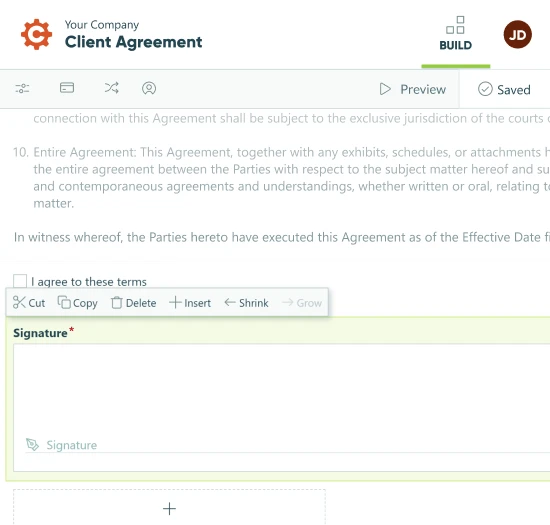 Cognito Forms online form builder with a signature field added to the bottom of a contract form. The form displays contract details with a checkbox stating I agree to these terms directly above a signature field. The signature field settings are adjusted to allow both Draw and Type options for signing. Options Always Show This Field and Always Require This Field are selected, indicating the signature field is mandatory and always visible, with other conditional settings options available but not selected.