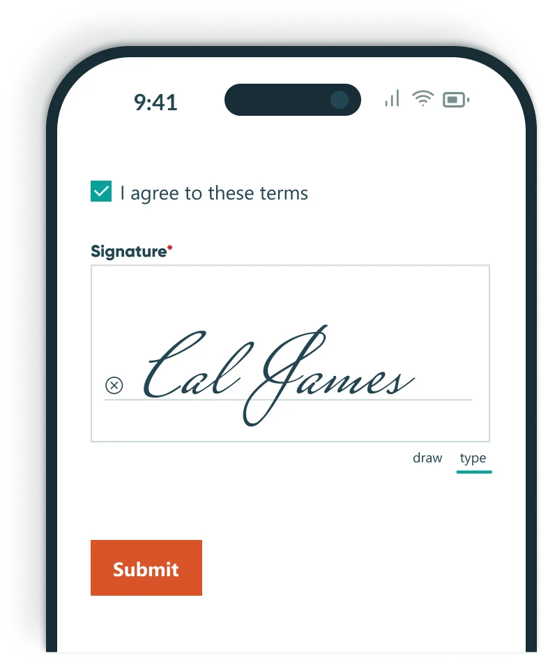 Text-generated signature added to online contract form on a mobile phone. I agree to these terms is checked above the signature box with an orange submit button below.