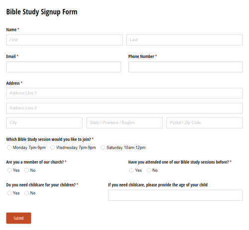 Screenshot of Free Bible Study Signup template.