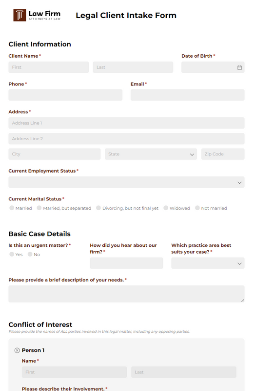 Screenshot of the desktop view of the first page of the Legal Client Intake Form template.