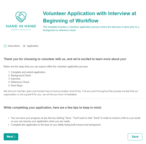 Screenshot of the Volunteer Application Form with Interview at Beginning of Workflow template.