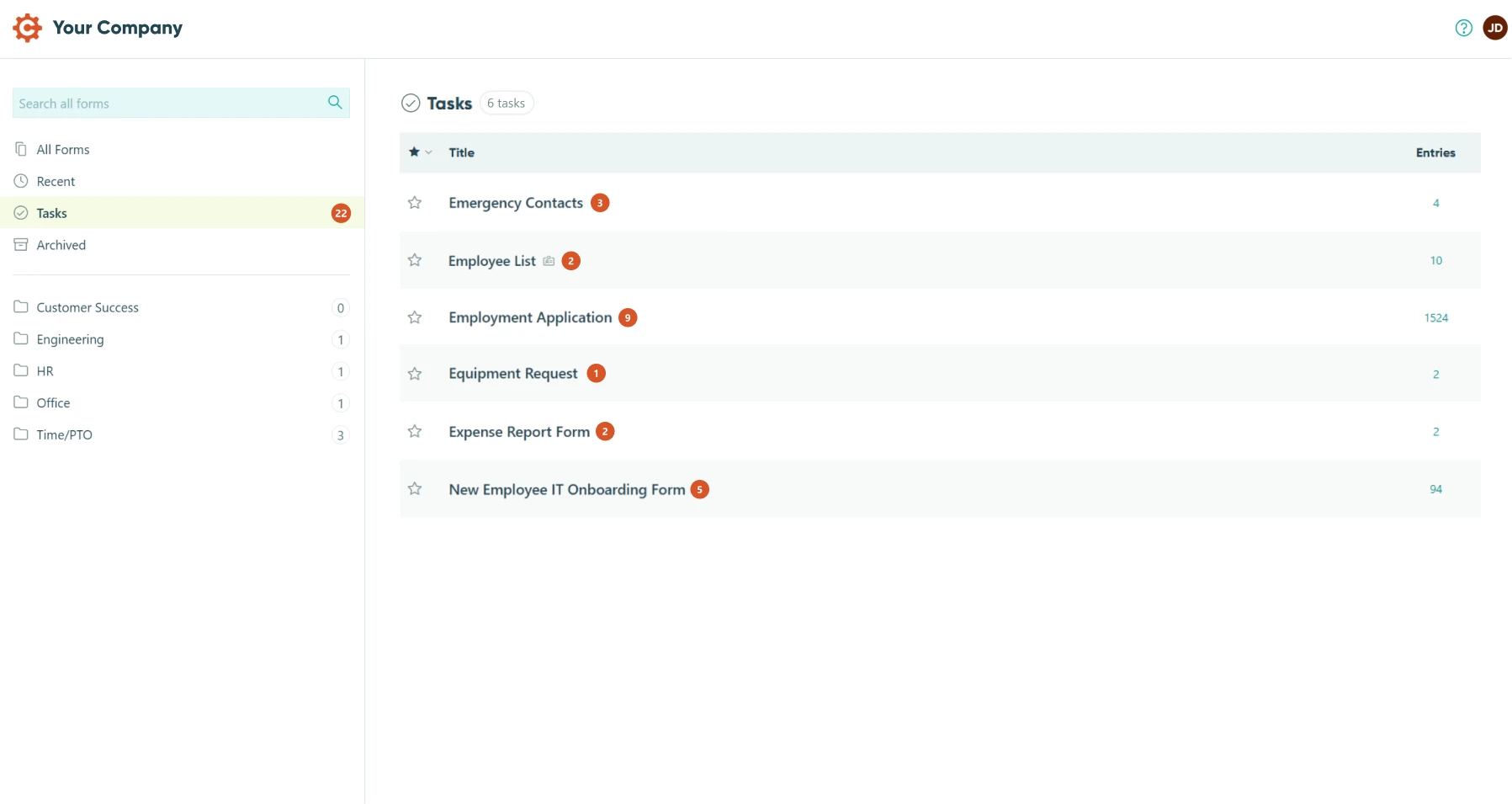 Cognito Forms online form builder dashboard. In the list of all forms in the organization, the task section is selected. Tasks show only the forms assigned to the logged in user with an orange notification badge indicating how many entries on that form require action.