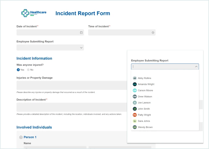 A screenshot of an online incident report form is shown in the background. The form has a blue and green healthcare medical clinic logo. Below the logo and form title are fields collecting information about an incident, such as date and time, the employee submitting the report, a description of the incident, injuries or property damage that occurred, and involved individuals. Layered on top of this screenshot is a closeup of a Cognito Forms Person field titled “Employee Submitting Report” with a dropdown of employees’ names and account avatars.