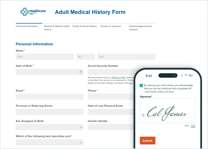 A screenshot of an online adult medical history form is shown in the background. The form has a blue and green healthcare medical clinic logo. Below the logo and form title are fields collecting personal information, such as name, email, date of birth, and gender. Layered on top of this screenshot is the form shown on a mobile phone with a the same blue and green logo on top, the form title below the logo, a terms and conditions checkbox field and signature field below the title, and an orange “Submit” button at the very bottom.