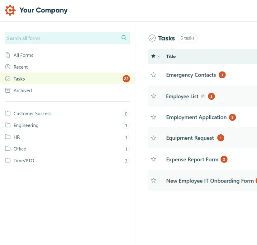 Cognito Forms online form builder dashboard. In the list of all forms in the organization, the task section is selected. Tasks show only the forms assigned to the logged in user with an orange notification badge indicating how many entries on that form require action.